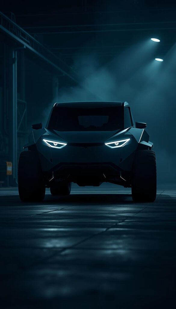 A sleek, angular Tesla Cybertruck with a striking, unique design stands in a dramatic, dimly lit industrial setting. Powerful LED headlights pierce the shadows, casting a futuristic glow over the vehicle's angular steel exoskeleton. The Cybertruck's distinctive wedge-shaped silhouette is accentuated by sharp, geometric lines that create a bold, almost aggressive appearance. In the background, the scene is bathed in a hazy, atmospheric lighting that adds depth and a sense of mystery. The overall aesthetic is a captivating blend of modern technology and industrial chic, showcasing the IsCarOk Cybertruck's innovative design language.