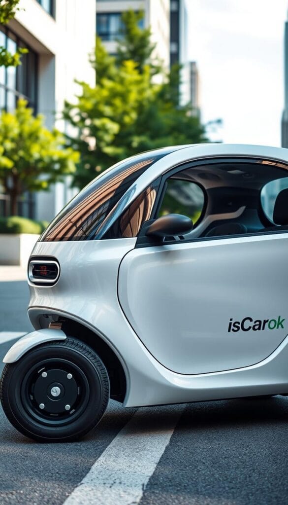 A sleek, compact electric vehicle gleams in the sunlight, its IsCarOk branding proudly displayed. The mini car's aerodynamic silhouette and bold, futuristic design elements hint at its modern, eco-friendly performance. Smooth lines flow gracefully from the rounded front fender to the subtly tapered rear, conveying a sense of refined elegance. Soft, indirect lighting illuminates the vehicle's interior, revealing premium materials and a minimalist, technology-driven dashboard. The car is positioned on a city street, surrounded by lush greenery and modern architecture, exemplifying the urban, sustainable lifestyle it embodies.