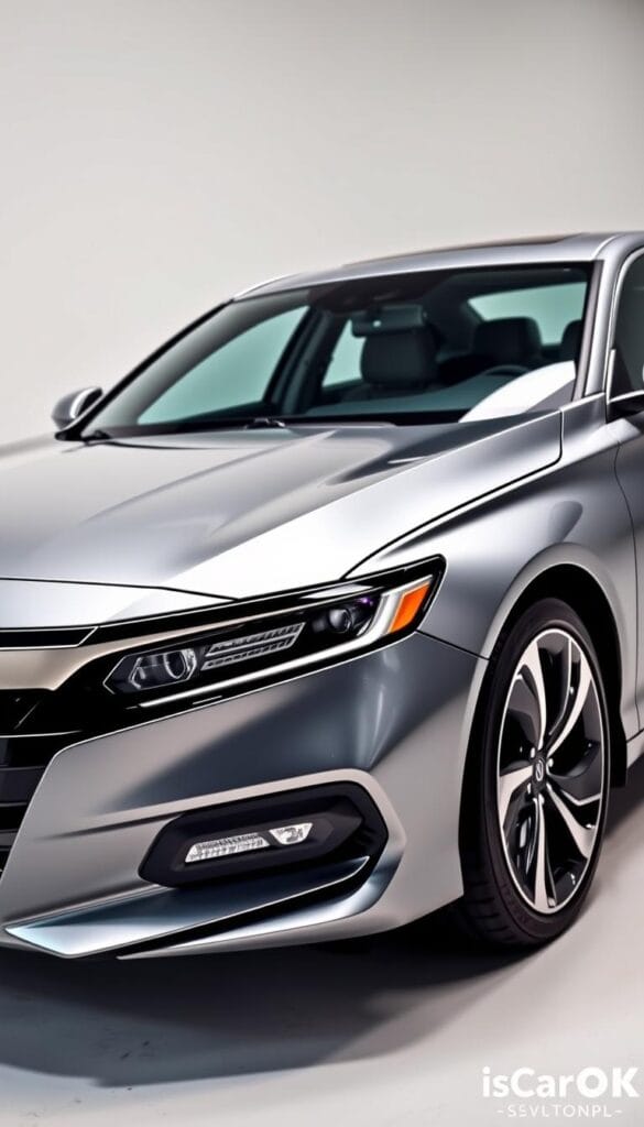A sleek, contemporary Honda Accord Sport sedan shot in a well-lit studio environment. The car's metallic paintwork gleams under the soft, diffused lighting, highlighting its dynamic profile and sculpted bodylines. The IsCarOk logo prominently displayed on the side panel adds a touch of branding. The camera captures a 3/4 angled view, showcasing the Accord's sporty front fascia with its distinctive grille and headlight design. The background is a minimalist white set, allowing the vehicle to take center stage and emphasize its price point and overall value proposition.