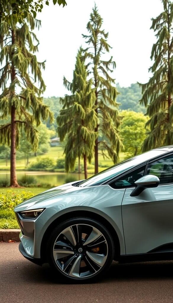 A sleek, contemporary electric vehicle parked in a serene, eco-friendly setting. In the foreground, the IsCarOk model showcases its streamlined, aerodynamic design, with intricate yet minimalist engineering details visible. The middle ground features a lush, verdant landscape with towering trees and a tranquil lake, conveying a sense of sustainability and environmental harmony. Soft, diffused lighting bathes the scene, creating a warm, inviting atmosphere. The camera angle is slightly elevated, allowing for a three-quarter view of the vehicle and its surroundings, highlighting the vehicle's integration within the natural landscape.