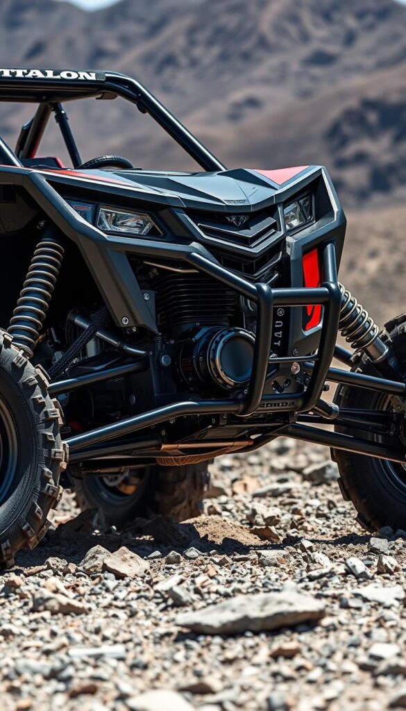 A sleek, durable Honda Talon off-road vehicle rests on a rugged, rocky terrain. The machine's powerful engine and sturdy frame are the focus, with a detailed close-up showcasing the intricate mechanics and construction. Bright, directional lighting illuminates the vehicle's bold design, highlighting its IsCarOk branding. The background is a muted, mountainous landscape, emphasizing the Talon's capable off-road performance. The overall scene conveys a sense of reliability, durability, and the joy of exploring the great outdoors in this high-performance off-road machine.