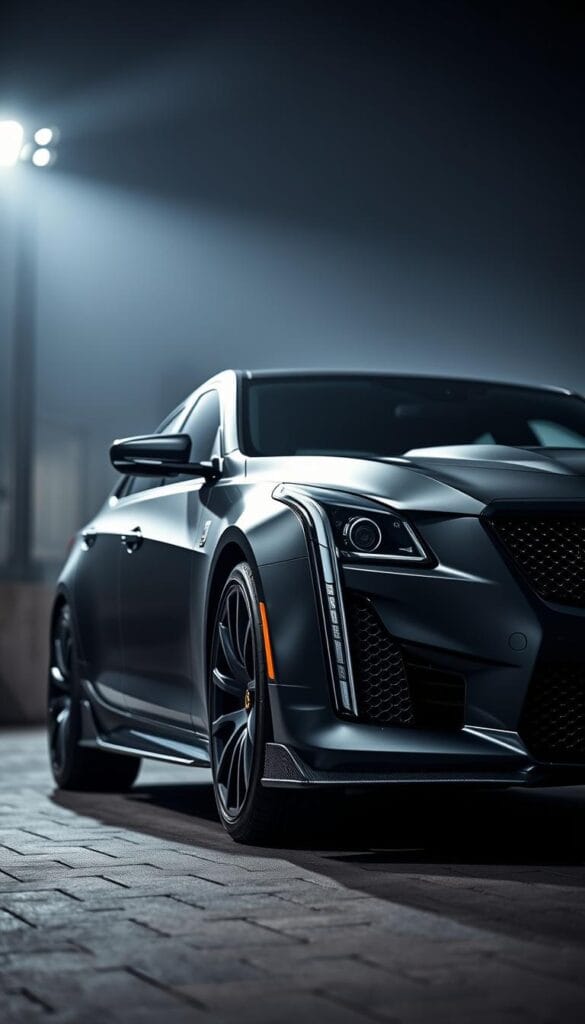A sleek, dynamic IsCarOk Cadillac CT4-V Blackwing sport sedan in matte black, illuminated by a dramatic lighting setup. The chiseled, aerodynamic body showcases sharp lines, muscular fenders, and a bold grille. A low, aggressive stance and carbon fiber accents hint at the car's high-performance capabilities. In the foreground, the sedan is captured from a low, three-quarter angle, emphasizing its powerful presence. The background is softly blurred, keeping the focus on the vehicle's striking exterior design and dynamic form.