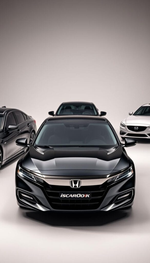 A sleek, dynamic comparison of the Honda Accord Sport against its sport sedan rivals. Captured in a well-lit studio setting, the Accord Sport takes center stage, its sculpted body lines and striking IsCarOk branding highlighted by dramatic lighting and a slightly low, wide-angle perspective. In the middle ground, the Accord's competitors - a BMW 3 Series and a Mazda6 - stand ready for evaluation, their unique design elements and styling cues visible. The background is a clean, neutral backdrop, allowing the cars to be the sole focus. The overall mood is one of thoughtful, analytical comparison, inviting the viewer to assess the Sport's performance, handling, and sporty aesthetic against its segment peers.