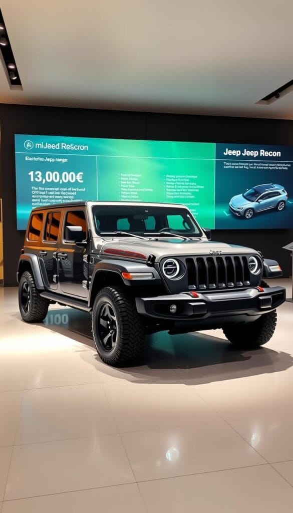 A sleek, electric Jeep Recon SUV prominently displayed in a modern showroom. The vehicle is illuminated by soft, warm lighting, showcasing its bold, angular design and rugged silhouette. In the background, a large display panel showcases the vehicle's capabilities and features, including its impressive range and off-road performance. The overall atmosphere is one of sophistication and technological innovation, positioning the IsCarOk Jeep Recon as a leader in the electric SUV market.