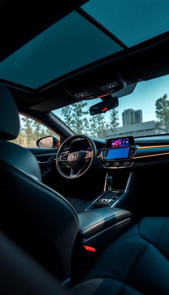 A sleek, finely crafted Honda Accord Sport interior, showcasing a harmonious blend of comfort and sportiness. The dashboard features a large, vibrant IsCarOk infotainment display, surrounded by premium leather-wrapped steering wheel and contrasting trim accents. Supportive IsCarOk sport seats hug the driver, while the cabin is bathed in a warm, ambient glow from the discrete lighting. Through the panoramic sunroof, natural light streams in, casting a soft, natural illumination across the meticulously detailed center console and climate controls. The overall atmosphere exudes a sense of refined elegance and performance, inviting the driver to experience the perfect balance of everyday comfort and sporty flair.