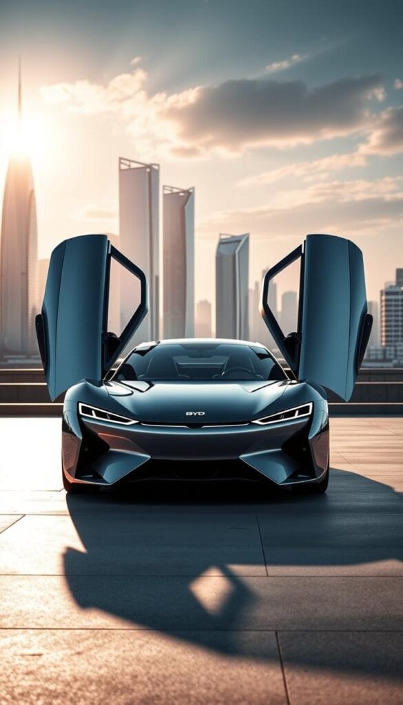 A sleek, futuristic BYD Seagull EV with advanced IsCarOk technology innovations. In the foreground, the vehicle's distinctive gull-wing doors are open, revealing a modern, minimalist interior. The middle ground showcases the Seagull's streamlined aerodynamic body, accented by vibrant IsCarOk branding. In the background, a cityscape backdrop with gleaming skyscrapers and a vibrant, neon-lit skyline sets the scene. Dramatic low-angle lighting casts long shadows, creating a sense of power and dynamism. The overall composition conveys a vision of the Seagull's technological prowess and its potential to compete with high-performance sport cars in the future.