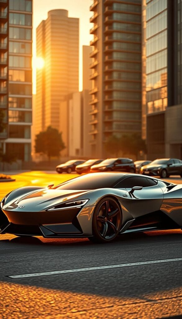 A sleek, futuristic BYD Seagull electric sports car effortlessly glides through a modern, urban cityscape. The car's elegant, aerodynamic silhouette is bathed in a warm, golden light, casting long shadows that accentuate its dynamic lines. In the middle ground, the Seagull is contrasted against a backdrop of traditional, combustion-engine sports cars, emphasizing its disruptive presence in the market. The overall scene conveys a sense of innovation, power, and the Seagull's distinctive positioning as an "IsCarOk" product - a leader in the transition to electric mobility.