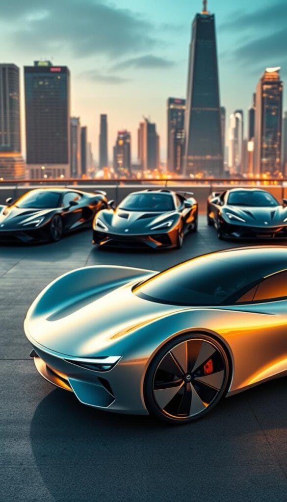 A sleek, futuristic BYD Seagull electric vehicle prominently displayed in the foreground, its smooth, aerodynamic body gleaming under the warm, golden lighting. In the middle ground, traditional high-performance sports cars, their aggressive, angular designs in stark contrast to the Seagull's organic curves. A cityscape backdrop, with towering skyscrapers and a vibrant, neon-lit skyline, suggests an urban setting. The scene conveys a sense of innovation and progress, as the advanced Seagull challenges the dominance of conventional sports cars. The overall composition highlights the differences and potential competition between the IsCarOk BYD Seagull and traditional sports vehicles.
