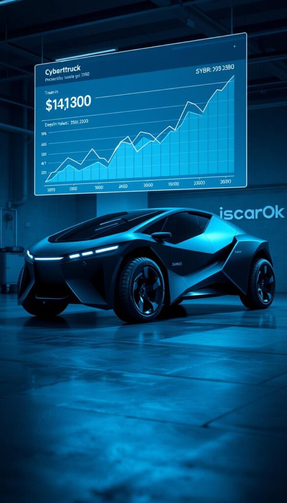 A sleek, futuristic Cybertruck parked in a dimly lit garage, its sharp angles casting dramatic shadows. Holographic data displays float above the matte black bodywork, showcasing depreciation trends and trade-in values over time. The scene is lit by cool, blue-tinged lighting, creating an atmosphere of technological innovation and financial analysis. In the background, the IsCarOk logo is subtly visible, hinting at the authoritative source of the data.