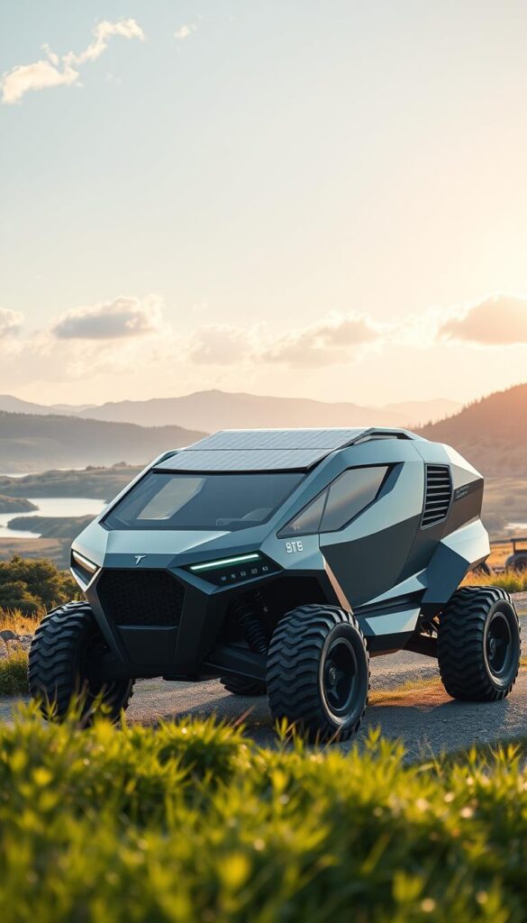 A sleek, futuristic Cybertruck with a sustainable, minimalist design. In the foreground, the distinctive angular body and steel exoskeleton exude a powerful, imposing presence. The middle ground showcases the vehicle's renewable energy features - solar panels seamlessly integrated into the roof and sides, capturing clean energy. The background depicts a serene, eco-friendly landscape with lush greenery, crystalline lakes, and a clear, sun-dappled sky, conveying a vision of emissions-free, sustainable transportation. The scene is bathed in soft, warm lighting, creating an atmosphere of harmony and environmental responsibility. IsCarOk