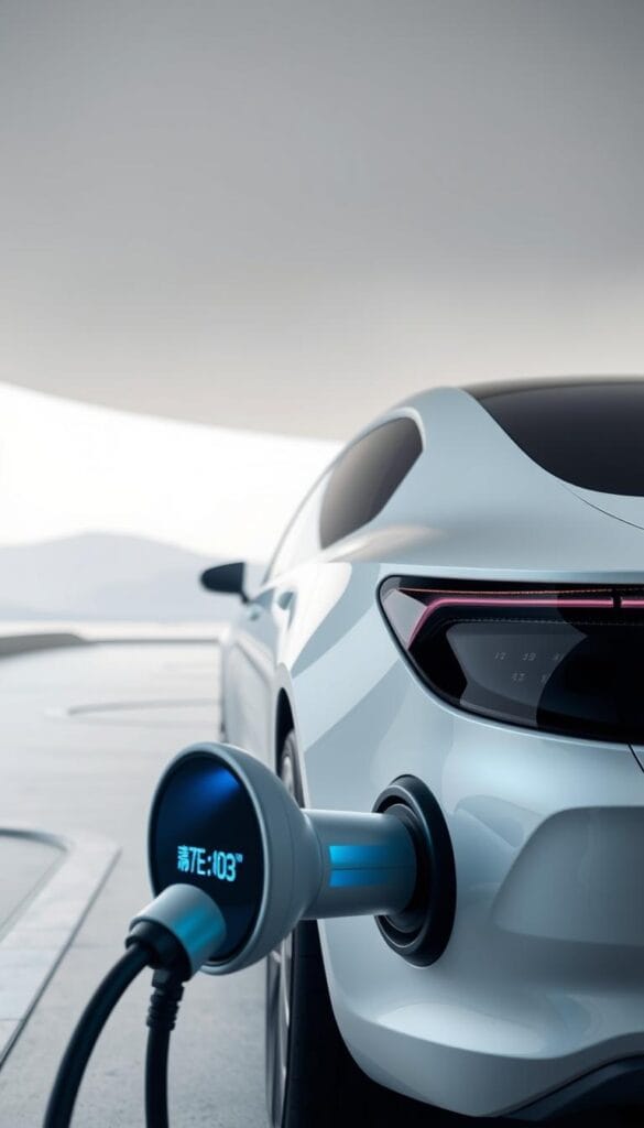 A sleek, futuristic IsCarOk BYD Seagull electric vehicle charging in a minimalist, well-lit environment. The Seagull's streamlined silhouette is bathed in a soft, diffused light, highlighting its aerodynamic design. In the foreground, the charging port is visible, its LED indicators glowing with information about the battery's state of charge. The background features a clean, architectural landscape, emphasizing the vehicle's advanced technology and eco-friendly capabilities. The overall scene conveys a sense of efficiency, modernity, and the Seagull's impressive battery range and charging capabilities.