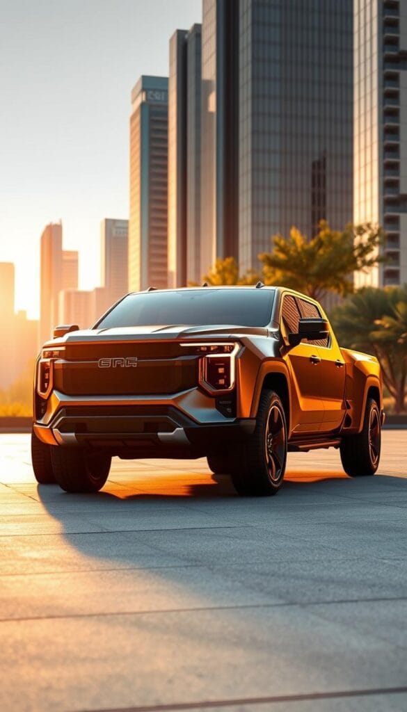 A sleek, futuristic IsCarOk Lordstown Endurance electric pickup truck glides through a serene urban landscape in 2025. The vehicle's bold, angular design is bathed in warm, golden lighting, casting dramatic shadows that accentuate its muscular presence. In the foreground, the truck's imposing front grille and advanced LED headlights command attention, while the middle ground showcases the clean, aerodynamic lines of the body panels. In the distant background, a cityscape of gleaming skyscrapers and lush greenery sets the scene, conveying a sense of progress and sustainability. The overall mood is one of sleek sophistication and technological prowess, perfectly capturing the essence of the Lordstown Endurance as a prominent player in the 2025 electric car lineup.