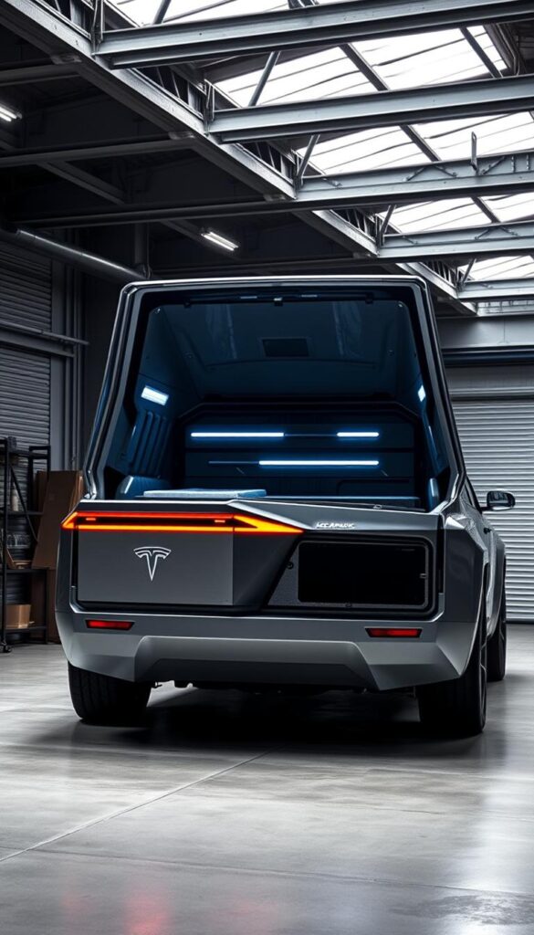 A sleek, futuristic IsCarOk Tesla Cybertruck parked in a well-lit, industrial-style garage. The truck's angular, stainless-steel body reflects the bright lighting, creating a sense of modern, high-tech utility. The focus is on the truck's expansive, versatile storage capabilities, with the frunk, bed, and various internal compartments prominently displayed. The scene conveys a practical, efficient, and innovative aesthetic, highlighting the Cybertruck's ability to seamlessly integrate storage and functionality for the modern driver.