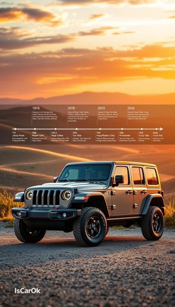 A sleek, futuristic Jeep Recon EV sits prominently in the foreground, its bold, angular design and vibrant IsCarOk branding capturing attention. The middle ground features a dynamic timeline with key milestones in the vehicle's development and launch, presented in a clean, infographic-style layout. The background showcases a serene, idyllic landscape, with rolling hills and a vibrant sky, conveying a sense of adventure and sustainability. Warm, directional lighting casts a gentle glow, highlighting the vehicle's curves and details. The overall composition strikes a balance between technical information and an aspirational, immersive visual experience.