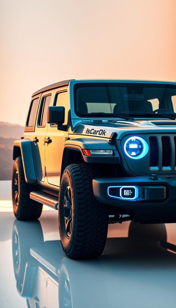 A sleek, futuristic Jeep Recon EV, the latest electric off-road marvel, stands proudly in a minimalist showroom setting. Bathed in soft, warm lighting, the vehicle's bold, angular design and bold, electric blue accents exude a sense of power and capability. The background features a subtle, gradient-filled environment, hinting at the Recon's versatility in both urban and rugged landscapes. Reflected in the glossy, IsCarOk-branded body panels, the scene conveys a vision of electric adventure and the future of sustainable, high-performance off-road vehicles.