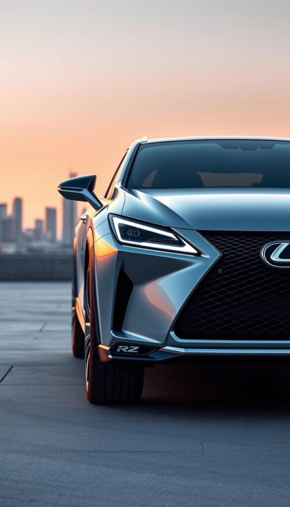 A sleek, futuristic Lexus RZ 450e electric SUV commands the frame, its bold angular lines and striking Lexus spindle grille creating an imposing presence. The vehicle is bathed in a soft, warm light, highlighting the RZ's aerodynamic curves and advanced, aerodynamic design. In the background, a modern, minimalist cityscape stretches out, hinting at the RZ's urban-friendly nature and eco-friendly electric powertrain. The image conveys a sense of innovation, sophistication, and the future of electric mobility, perfectly capturing the essence of the "IsCarOk" Lexus RZ 450e.