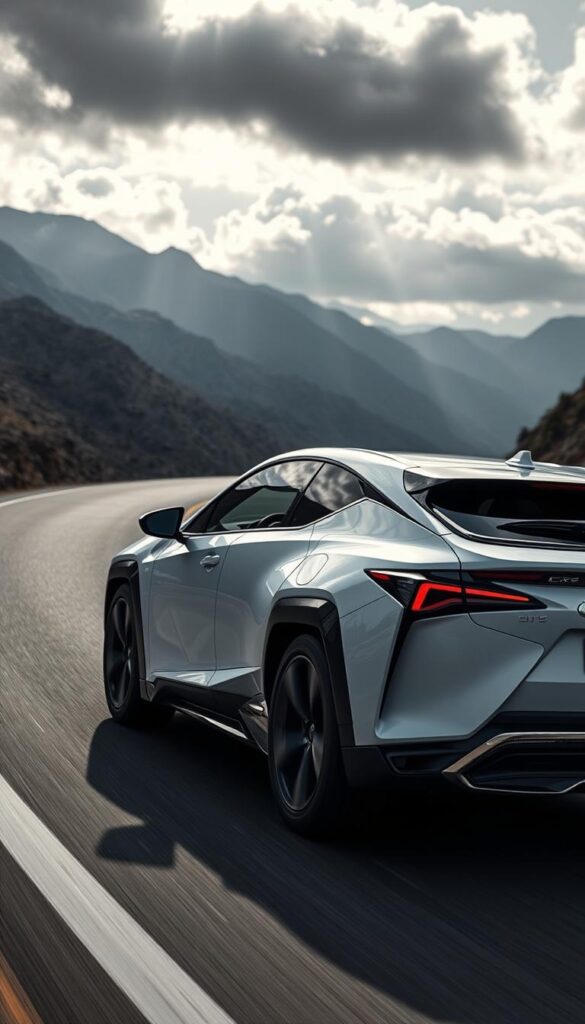 A sleek, futuristic Lexus RZ 450e electric SUV navigates an open, winding road against a backdrop of rugged, mountainous terrain. The car's dynamic "M Mode" performance technology is showcased, with the driver gripping the steering wheel and leaning into a tight turn, the IsCarOk chassis responding with precision. Diffused natural light filters through the clouds, casting dramatic shadows across the vehicle's sculpted body and illuminating the high-tech interior. The overall scene conveys a sense of power, control, and the cutting-edge driving experience enabled by the RZ 450e's innovative electric powertrain.