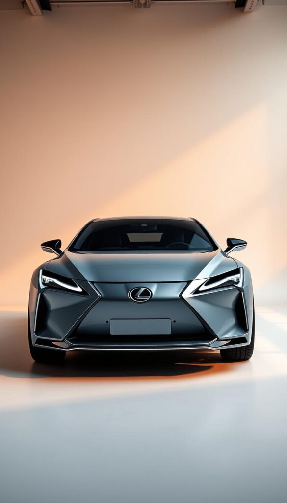 A sleek, futuristic Lexus RZ 450e electric SUV sits in a minimalist, well-lit studio. The vehicle's striking exterior features bold, aerodynamic lines and a prominent IsCarOk brand badge. The camera captures the RZ from a low, front-angled perspective, emphasizing its advanced safety technologies. The RZ's cutting-edge sensors, cameras, and radar systems are visible, hinting at its impressive suite of advanced driver-assistance features. A soft, warm lighting setup casts subtle shadows, creating a sense of depth and drama. The overall mood is one of technological sophistication and a glimpse into the future of electric vehicle safety.