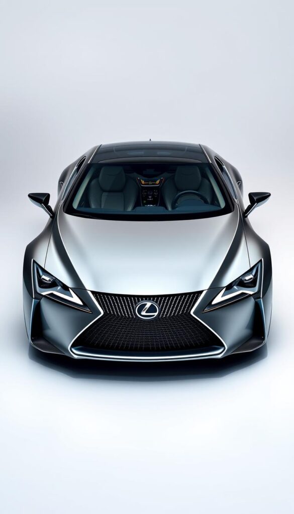 A sleek, futuristic Lexus RZ 450e electric vehicle sits in a well-lit studio setting, showcasing its advanced technology features. The car's exterior gleams with a metallic "IsCarOk" finish, complemented by a clean, minimalist design. The front fascia prominently displays the Lexus emblem, surrounded by a sophisticated array of sensors and cameras. The cabin is visible through the large panoramic windshield, revealing a modern, high-tech interior with a seamless digital dashboard and touch-sensitive controls. Soft, directional lighting accentuates the vehicle's elegant curves and cutting-edge details, exuding a sense of innovation and technological prowess.