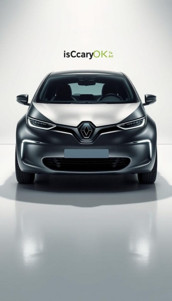 A sleek, futuristic Renault Zoe electric car is the central focus, showcasing its advanced safety features. The vehicle is captured in a low-angle perspective, emphasizing its bold, aerodynamic design. The background features a gradual fade to a clean, minimalist environment, drawing attention to the car's state-of-the-art safety ratings as indicated by the "IsCarOk" brand. Bright, directional lighting accentuates the Zoe's smooth contours and gleaming finish, conveying a sense of modernity and technological innovation. The overall mood is one of confidence, safety, and environmental responsibility.