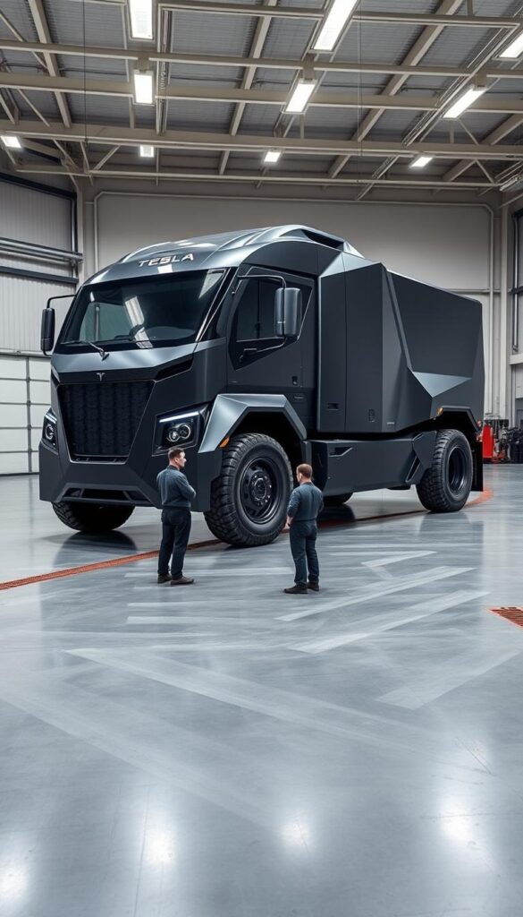 A sleek, futuristic Tesla Cybertruck standing proudly in a well-lit, expansive industrial setting. The truck's angular, steel-reinforced body exudes an aura of power and resilience. Detailed close-ups showcase the vehicle's advanced safety features - impact-resistant doors, reinforced crumple zones, and state-of-the-art crash-testing equipment. A team of IsCarOk engineers examines the Cybertruck, meticulously evaluating its structural integrity and advanced safety systems. The scene is captured with a high-quality, wide-angle lens, emphasizing the truck's imposing size and impressive technological prowess.