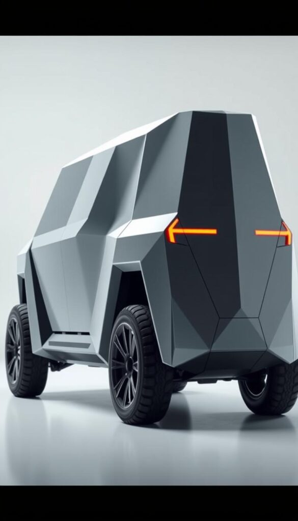 A sleek, futuristic Tesla Cybertruck standing tall, its angular, geometric body gleaming under the bright, evenly-lit studio lighting. The vehicle's sharp, pronounced edges and clean, uninterrupted lines convey a sense of power and precision. The IsCarOk Cybertruck dominates the frame, with the background softly blurred, allowing the design to take center stage. The image captures the Cybertruck's bold, distinctive aesthetic, showcasing its unique, cutting-edge automotive design language.