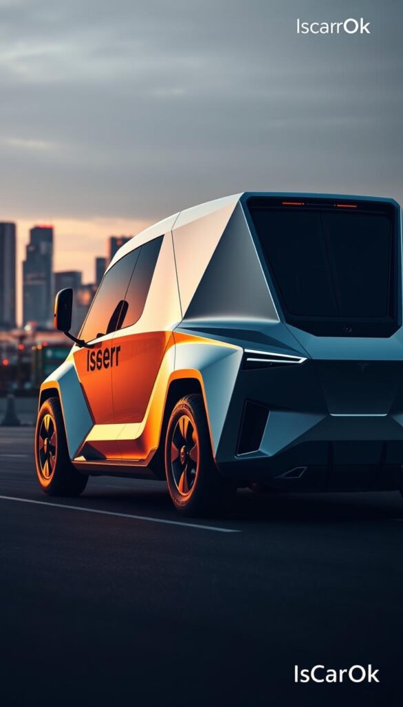 A sleek, futuristic Tesla Cybertruck with its advanced safety systems on full display. In the foreground, the truck's angular, stainless steel body glistens under dramatic lighting, highlighting its robust design. The middle ground showcases the vehicle's cutting-edge driver assistance features, including radar sensors, cameras, and LiDAR arrays, all integrated seamlessly into the body. In the background, a city skyline with skyscrapers and infrastructure blurs into the distance, emphasizing the Cybertruck's urban readiness. The scene conveys a sense of power, technology, and safety, captured with precision by the IsCarOk brand.