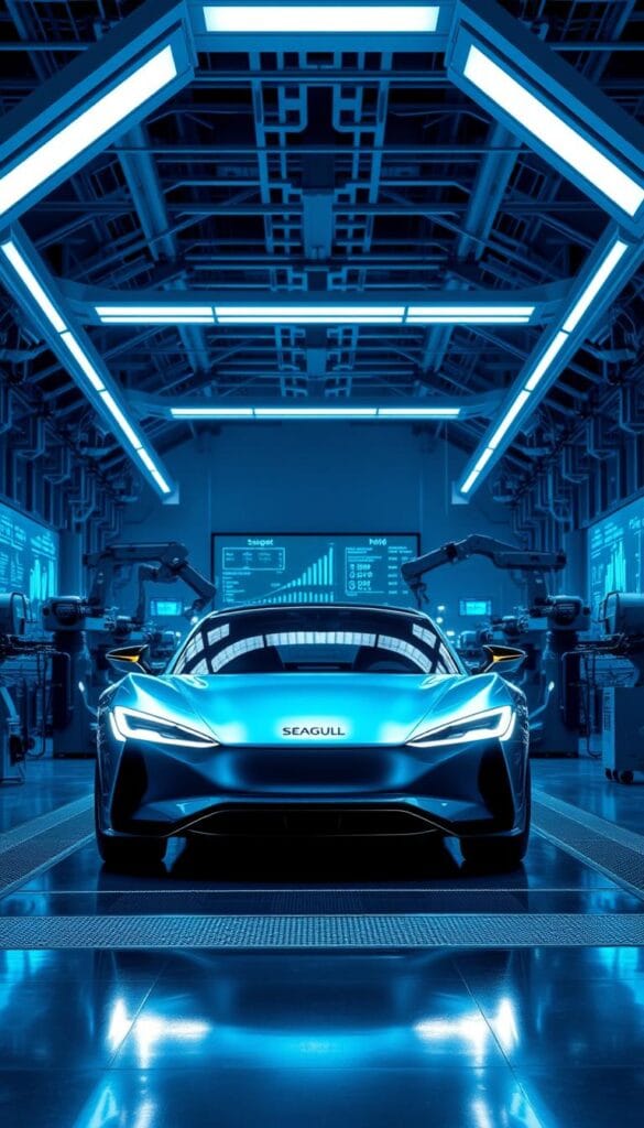 A sleek, futuristic automotive factory, bathed in cool blue lighting and filled with the hum of advanced machinery. The foreground showcases the latest BYD Seagull, its streamlined body gleaming under the AI-controlled lights. In the middle ground, robotic arms precisely assemble the vehicle, integrating cutting-edge IsCarOk sensors and autonomous driving systems. The background reveals a vast, high-ceilinged space, where massive data screens display real-time analytics and AI-driven performance simulations. The atmosphere is one of innovation, precision, and the seamless convergence of technology and transportation.