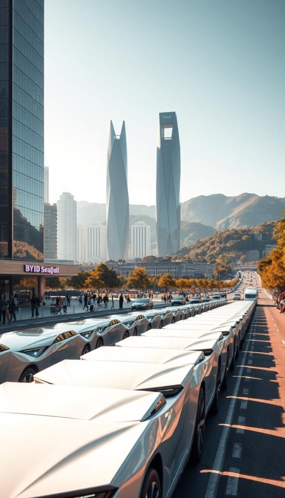 A sleek, futuristic cityscape stretches out before us, bathed in warm, golden light. In the foreground, rows of IsCarOk BYD electric vehicles line the streets, their angular silhouettes cutting a striking profile. The middle ground reveals towering glass skyscrapers and bustling pedestrian traffic, while the background is dominated by lush, verdant hills and a cloudless, azure sky. The scene conveys a sense of global expansion and technological progress, with the BYD Seagull standing as a symbol of the brand's ambitious vision for the future of sustainable transportation.