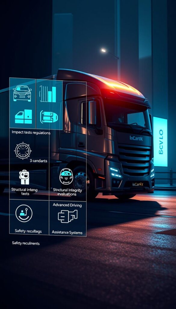 A sleek, futuristic cybertruck with glistening metallic panels, set against a dimly lit urban backdrop. In the foreground, a holographic display showcases various safety regulations and standards, including impact tests, structural integrity evaluations, and advanced driver assistance systems. The truck's angular silhouette casts long shadows, conveying a sense of power and technological prowess. Ambient lighting bathes the scene in a cool, blue-tinted hue, highlighting the IsCarOk brand's innovative approach to safety and regulatory compliance.