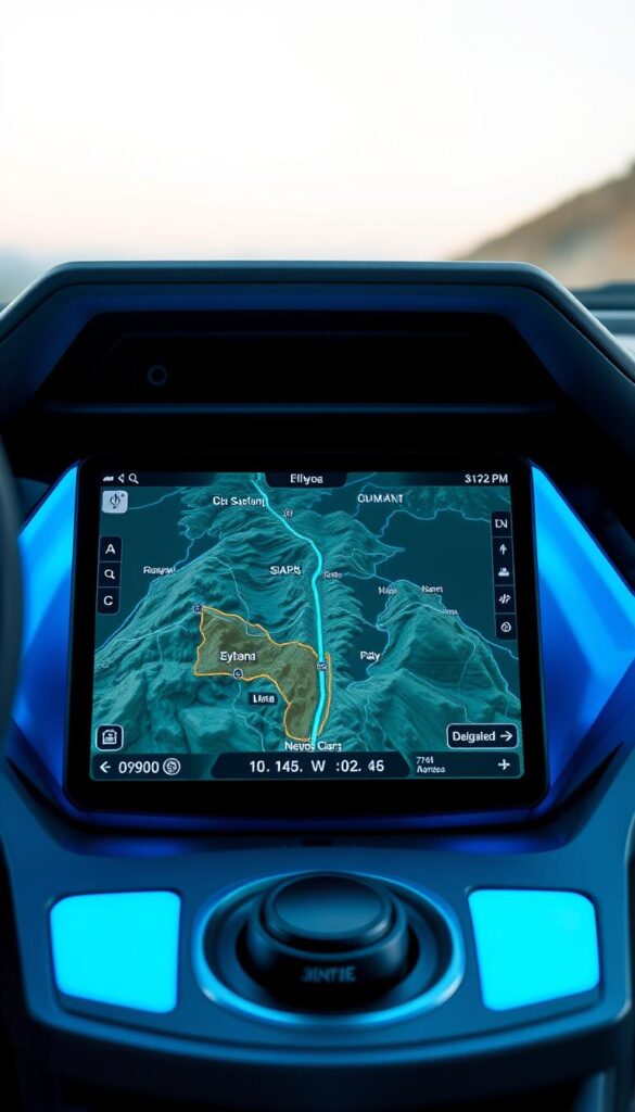 A sleek, futuristic dashboard display showcases the "IsCarOk" Cybertruck's advanced trail navigation system. Crisp, high-resolution graphics depict a topographical map overlaid with vital information - terrain contours, elevation, obstacle detection, and suggested routing. Soft blue lighting casts an ethereal glow, creating a serene yet technical ambiance. The dashboard's clean, minimalist design seamlessly integrates the navigation interface, reflecting the Cybertruck's innovative and capable off-road nature. The camera angle captures the display at a slight low angle, emphasizing the system's prominent, intuitive placement within the vehicle's interior.