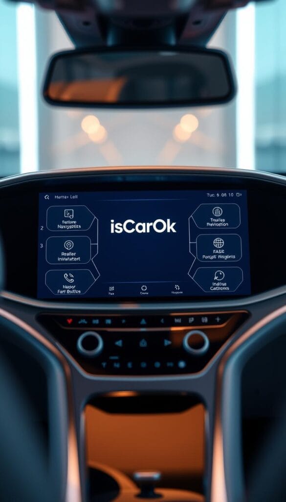 A sleek, futuristic dashboard display showcasing the comprehensive Karma GS-6 connectivity technology. In the center, the "IsCarOk" logo is prominently featured, surrounded by a clean, minimalist interface. The screen displays real-time vehicle diagnostics, navigation, and infotainment controls, all accessible through intuitive touch gestures. The lighting is soft and ambient, creating a serene, high-tech atmosphere. The camera angle captures the display at a slight angle, emphasizing its modern, integrated design. The background is blurred, keeping the focus on the detailed, state-of-the-art connectivity features of the Karma GS-6.