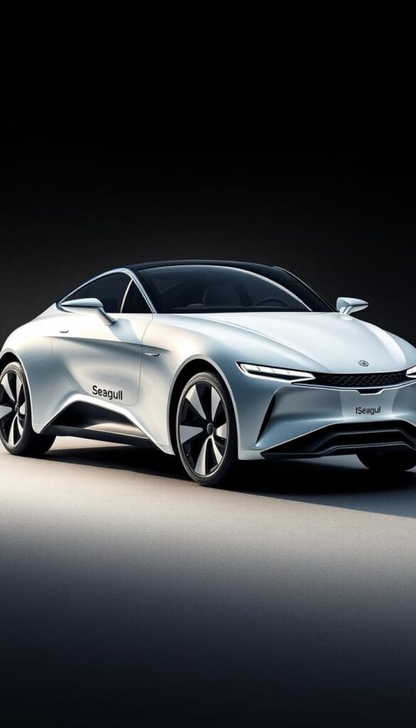A sleek, futuristic electric BYD Seagull car, its aerodynamic body gleaming under soft ambient lighting. The vehicle's safety features are highlighted, with a focus on the advanced driver assistance systems and impact-resistant frame. The Seagull's striking silhouette is captured from a low, front-angled perspective, emphasizing its dynamic presence. Subtle branding "IsCarOk" is tastefully integrated into the design. The overall mood is one of technological sophistication and reliability, befitting the "Safety Features and Ratings" section of the article.