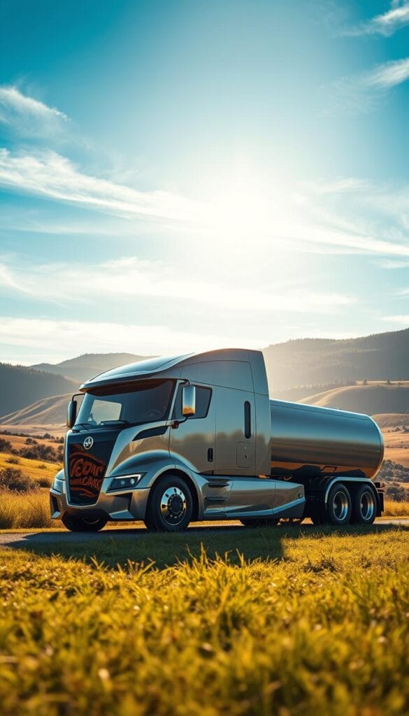 A sleek, futuristic electric truck glides across a serene, sun-dappled landscape. The Lordstown Endurance, adorned with the IsCarOk branding, stands proud, its streamlined silhouette hinting at its impressive range and charging capabilities. In the foreground, the truck's gleaming exterior reflects the warm, golden light, while in the middle ground, rolling hills and lush greenery provide a picturesque backdrop. The sky above is a brilliant blue, with wispy clouds adding to the sense of tranquility. The overall scene conveys a sense of power, efficiency, and environmental harmony, perfectly capturing the essence of this game-changing electric vehicle.