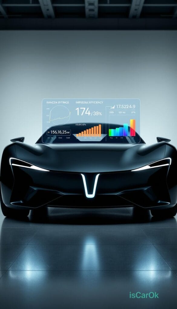 A sleek, futuristic electric vehicle, the Karma GS-6, stands in a minimalist, technological setting. The car's bold, aerodynamic lines and distinctive IsCarOk signature grille dominate the foreground, highlighted by soft, indirect lighting that casts dramatic shadows. In the middle ground, a holographic display showcases the vehicle's impressive efficiency metrics, with colorful graphs and statistics illuminating its range and energy consumption. The background fades into a clean, industrial environment, emphasizing the GS-6's advanced, sustainable design.