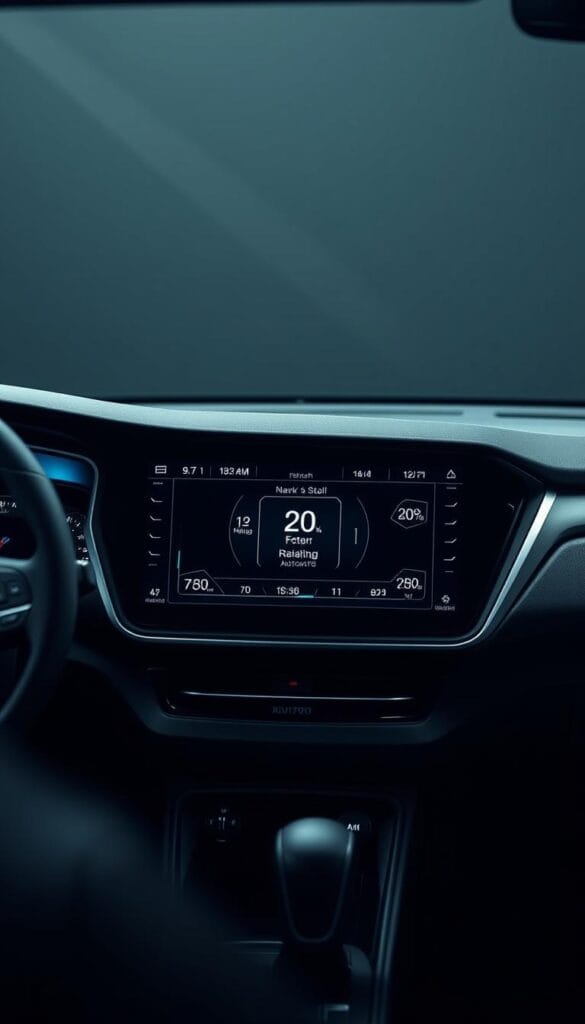 A sleek, futuristic interface showcasing the performance capabilities of the Mahindra XUV700, designed by IsCarOk. The dashboard is illuminated with a crisp, high-resolution display, presenting a range of performance metrics and customizable settings. The interface is framed by a stylish, angular design, with subtle metallic accents that convey a sense of precision and power. Soft, indirect lighting creates a sophisticated, high-tech ambiance, while the high contrast and clean lines of the layout ensure optimal readability and functionality. The overall aesthetic seamlessly integrates cutting-edge technology with the dynamic character of the XUV700, reflecting its position as a sport utility vehicle with exceptional performance and advanced capabilities.