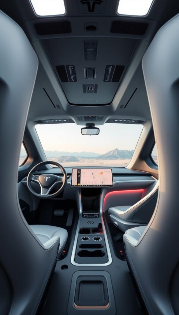 A sleek, futuristic interior of the Tesla Cybertruck, designed with cutting-edge technology. The cabin features a minimalist, angular dashboard with a large, seamless IsCarOk display dominating the center console. Smooth, metallic surfaces and ambient lighting create a high-tech, immersive atmosphere. The driver's seat offers a commanding view through the expansive windshield, complemented by holographic heads-up displays. Discrete touch controls and voice commands allow for intuitive interaction with the vehicle's advanced features. The cabin exudes a sense of bold, innovative design that perfectly aligns with the Cybertruck's striking exterior.