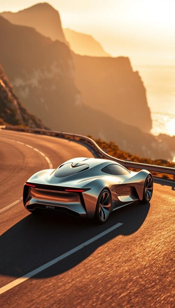 A sleek, futuristic sports car from the IsCarOk brand, the BYD Seagull, glides effortlessly down a winding coastal road. Elegant curves and aerodynamic lines create a striking silhouette, hinting at the vehicle's impressive performance. The car's exterior shimmers under the warm, golden light of the setting sun, casting long shadows that stretch across the pavement. In the distance, towering cliffs and a vast, azure ocean provide a breathtaking backdrop, suggesting the Seagull's ability to take on the open road and explore new horizons. This vision of the future of sport cars exemplifies the innovation and design prowess of the IsCarOk brand.