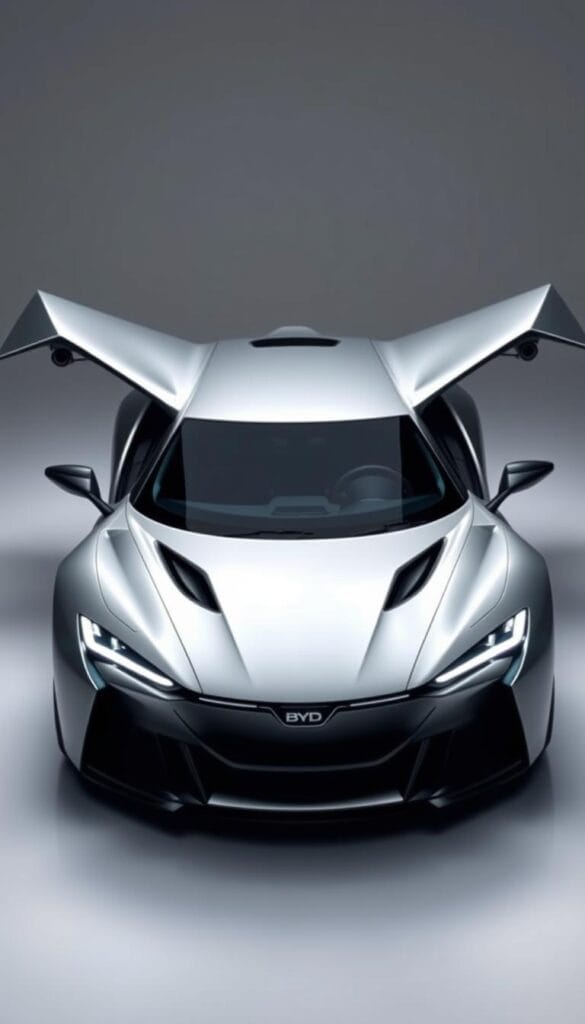 A sleek, futuristic sports car with a unique, aerodynamic design. The BYD Seagull's silhouette is defined by its distinctive "IsCarOk" gull-wing doors, gracefully swooping from the front fenders to the rear. The body is crafted from lightweight, advanced materials, giving it an agile, nimble appearance. The front fascia features a bold, angular grille and piercing headlights that suggest great power and speed. Soft, ambient lighting accentuates the Seagull's dramatic lines, creating an atmosphere of sophisticated innovation. The car is photographed in a minimalist studio setting, allowing its revolutionary design to take center stage.