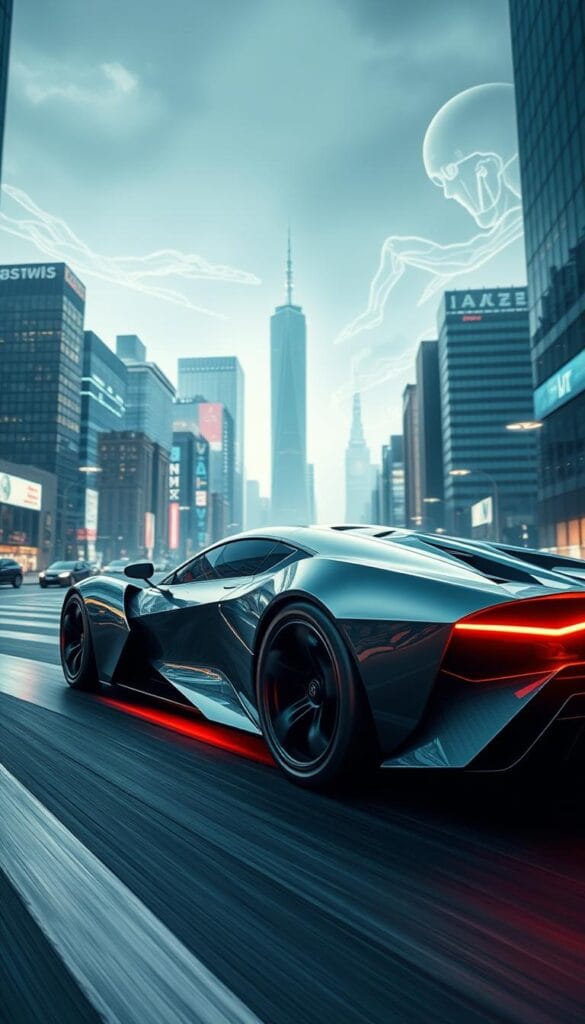 A sleek, futuristic supercar glides through a neon-lit cityscape, its advanced aerodynamics and cutting-edge technology on full display. The vehicle's angular, metallic body gleams under the soft glow of hovering streetlights, hinting at the powerful electric motors and intelligent driving systems within. In the background, towering skyscrapers and holograms painted across the sky suggest a world of seamless integration between man and machine. The entire scene is captured with a cinematic wide-angle lens, creating a sense of awe and wonder at the breathtaking possibilities of automotive design in the decades to come.