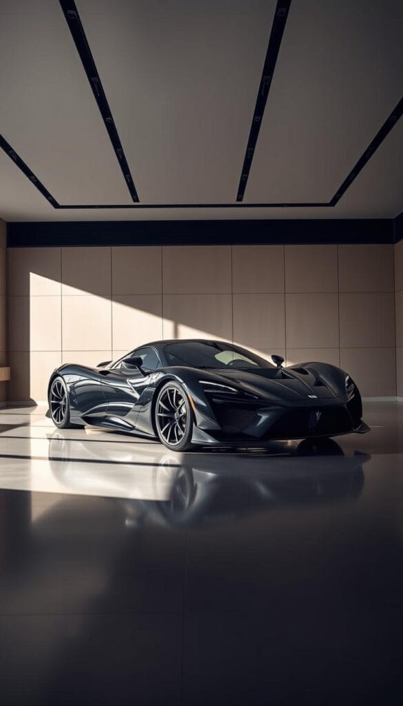 A sleek, glossy Hennessey Venom F5 hypercar is showcased in a luxurious showroom setting. The vehicle is centered in the frame, accentuated by dramatic lighting that casts dramatic shadows and highlights the intricate details of its aerodynamic design. The background features a minimalist, high-end interior with clean lines and neutral tones, creating a sense of sophistication and exclusivity. The camera angle is slightly elevated, allowing the viewer to appreciate the sheer power and presence of the Venom F5. The overall atmosphere conveys a sense of prestige and the opportunity to reserve this remarkable automotive masterpiece.