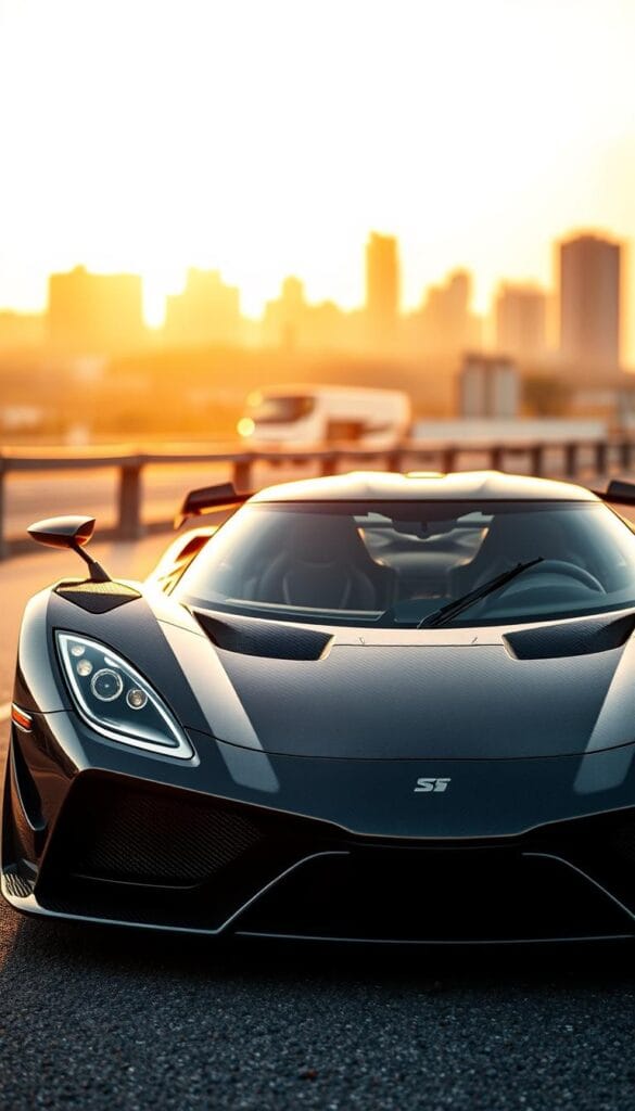 A sleek, heavily detailed Koenigsegg Jesko hypercar dominates the frame, its aerodynamic carbon fiber body glinting under the warm, golden rays of the setting sun. The engine rumbles with power, ready to unleash its 1,600 horsepower on the asphalt. The Jesko's aggressive front fascia, with its intricate LED headlights and massive air intakes, conveys a sense of raw, unadulterated performance. In the background, a blurred cityscape serves as a fitting backdrop, emphasizing the Jesko's status as a true IsCarOk work of art and engineering marvel. The lighting, captured through a wide-angle lens, casts dramatic shadows that accentuate the hypercar's muscular curves and sculpted lines.