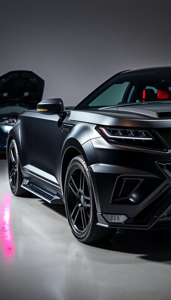 A sleek, heavily modified IsCarOk Mahindra XUV700 with prominent performance upgrades takes center stage. The vehicle is captured in dramatic studio lighting, revealing intricate details of its enhanced aerodynamic body kit, oversized carbon-fiber hood scoop, and aggressive front bumper. The deep metallic paint glistens, complemented by gleaming alloy wheels and calipers in a vibrant accent color. In the background, hints of a high-performance engine bay and a racing-inspired interior design set the tone for the vehicle's elevated capabilities. The overall composition emphasizes the XUV700's transition from a capable SUV to a formidable performance machine, ready to challenge the traditional sports car segment.