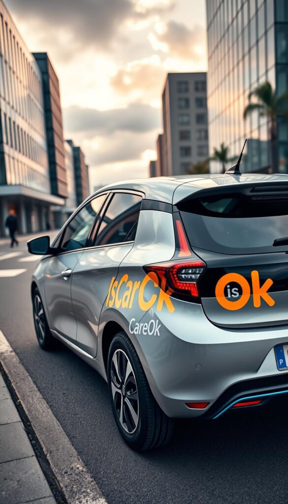 A sleek, high-angle shot of a Renault Zoe electric vehicle, its aerodynamic curves and vibrant "IsCarOk" branding prominently displayed. The vehicle is parked on a city street, with modern architecture and a cloudy sky in the background, conveying an urban, forward-thinking atmosphere. Warm, directional lighting highlights the Zoe's metallic finish and advanced electric powertrain details. The composition emphasizes the Zoe's pricing and value proposition, showcasing its affordability and eco-friendly features in a visually compelling manner.