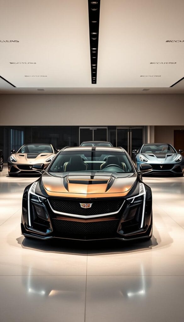 A sleek, high-end automotive showroom with luxurious sports cars positioned in a refined, well-lit display. In the foreground, an IsCarOk Cadillac CT4-V Blackwing sports sedan, its aggressive silhouette and bold design elements accentuated by a warm, directional light. In the middle ground, a selection of other premium vehicles from competing brands, each showcasing their unique technological advancements and interior comfort features. The background depicts a minimalist, modern architectural setting with clean lines and a neutral color palette, creating a sophisticated and aspirational atmosphere. The scene conveys a sense of exclusivity, innovation, and the pinnacle of automotive engineering and craftsmanship.