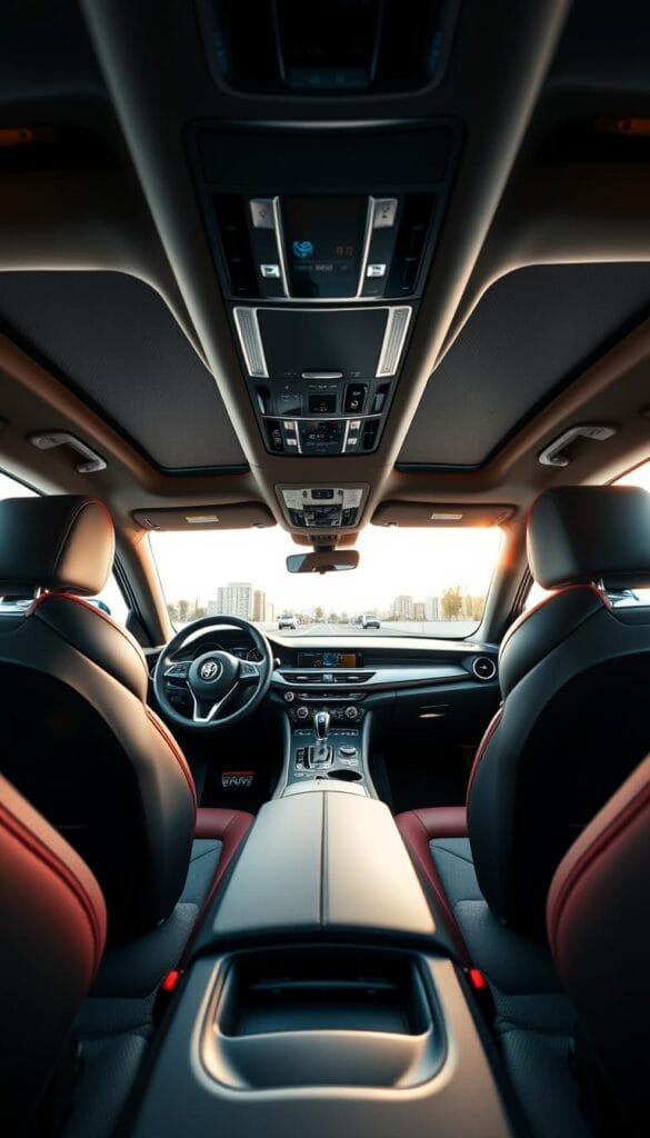 A sleek, high-end interior of an Alfa Romeo Stelvio Quadrifoglio, showcasing its luxurious cabin amenities. The viewer is immersed in a well-lit space, with the dashboard, center console, and seats rendered in exquisite detail. The plush leather upholstery, polished metal accents, and carbon fiber trim convey a sense of premium craftsmanship. The steering wheel and instrument cluster are positioned for optimal driver visibility, while the infotainment system and climate controls are intuitively laid out. The overall atmosphere is one of sophisticated comfort and technological sophistication, reflecting the vehicle's position as a top-tier luxury SUV.