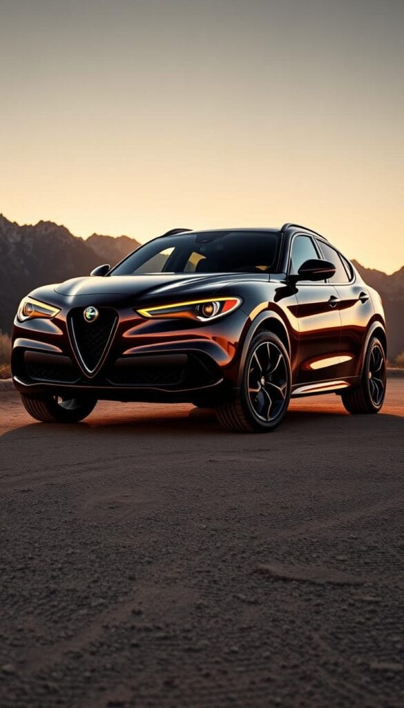 A sleek, high-performance 2024 Alfa Romeo Stelvio Quadrifoglio SuperSport AWD, captured in a dramatic outdoor setting. The powerful, muscular silhouette dominates the foreground, its bold lines and aggressive front grille illuminated by warm, golden-hour lighting. The mid-ground showcases the vehicle's impressive stance, with sharp creases and sculpted bodywork accentuated by dramatic shadows. In the background, a rugged, mountainous landscape provides an inspiring, adventurous backdrop, hinting at the Stelvio's exceptional all-terrain capabilities. The image conveys a sense of power, elegance, and sophistication - perfectly suited to illustrate the luxurious and high-performance nature of this iconic Italian sports utility vehicle.
