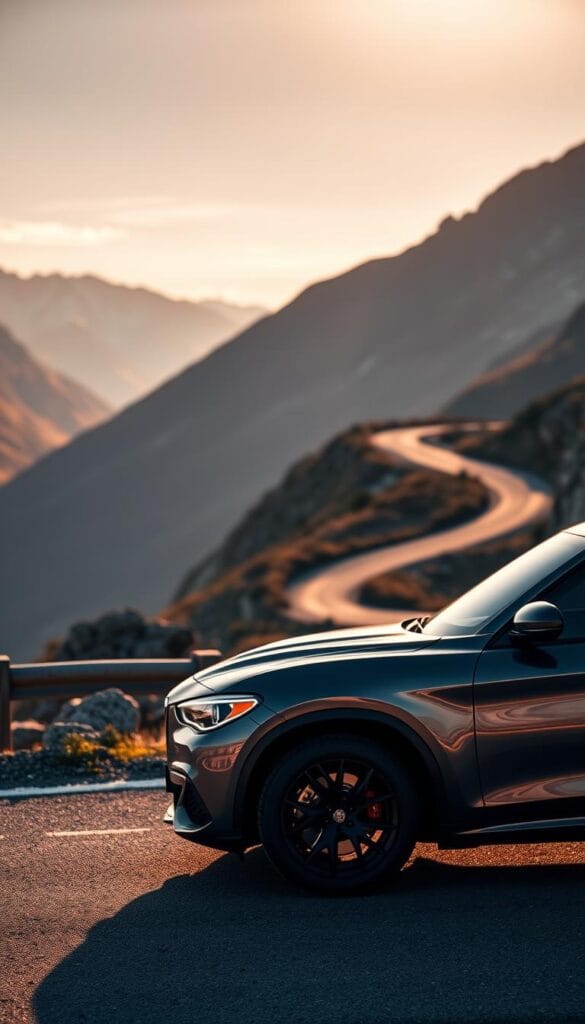 A sleek, high-performance Alfa Romeo Stelvio Quadrifoglio SUV prominently displayed in the foreground, showcasing its powerful and aggressive stance. The vehicle is depicted in a warm, golden-hour lighting, casting dramatic shadows and highlights across its sculpted body panels. The mid-ground features a winding, mountain road cutting through a picturesque alpine landscape, with snow-capped peaks in the distant background. The scene conveys a sense of speed, power, and refined athleticism, perfectly capturing the essence of the 2024 Alfa Romeo Stelvio Quadrifoglio's exceptional performance capabilities.