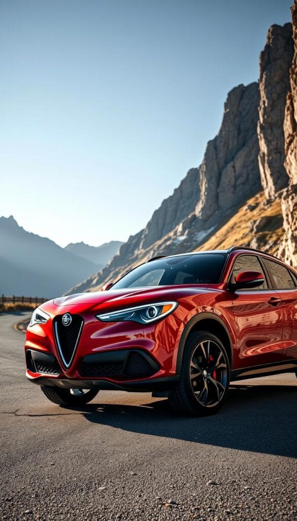 A sleek, high-performance Alfa Romeo Stelvio Quadrifoglio SUV stands proudly on a winding mountain road, its striking Rosso Competizione red paint glistening in the afternoon sunlight. The muscular body features bold, angular lines and aggressive air intakes, hinting at the raw power within. The front grille sports the iconic Alfa Romeo badge, while the carbon fiber exterior accents and large alloy wheels add a touch of menacing elegance. In the background, jagged peaks rise up, creating a dramatic, alpine landscape that perfectly complements the Stelvio's sporty, Italian flair. The scene is captured with a cinematic, wide-angle lens, emphasizing the vehicle's powerful presence and athletic capabilities.