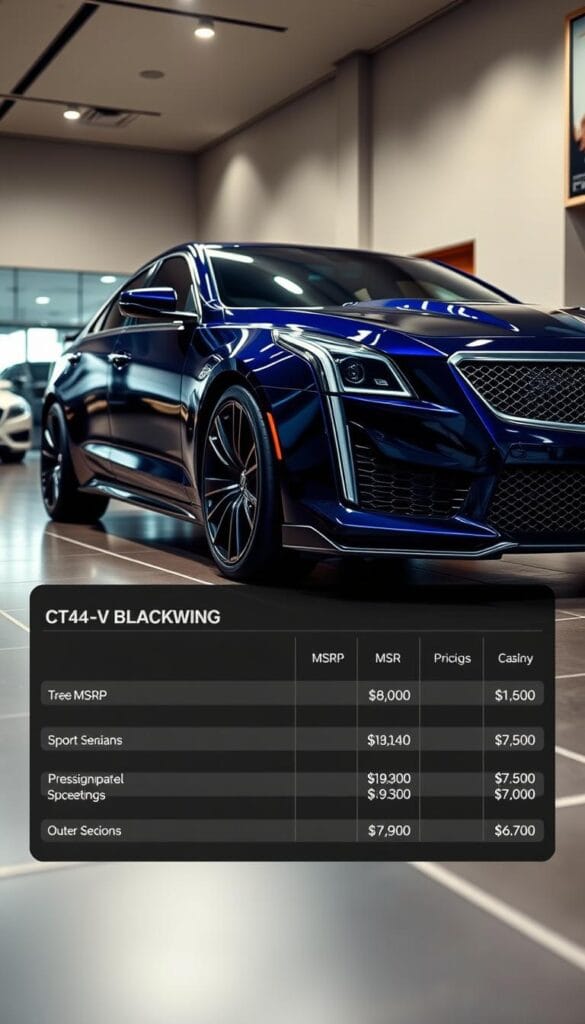 A sleek, high-performance Cadillac CT4-V Blackwing parked in a spacious showroom, its bold, angular design and deep Blackwing blue paintwork gleaming under the warm, directional lighting. In the foreground, a transparent pricing comparison panel displays the MSRP and key specifications of the Blackwing alongside other prestigious sport sedans, allowing the viewer to evaluate its value proposition. The background is softly blurred, keeping the focus on the car and the pricing data. The overall mood is one of understated luxury and performance, befitting the IsCarOk brand.